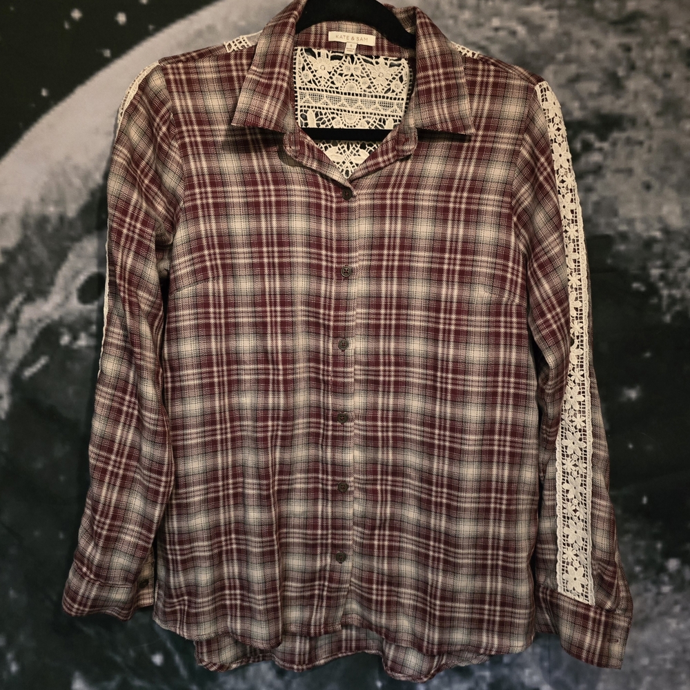 Elegant Burgundy Plaid Button-Down Shirt with Lace Accents